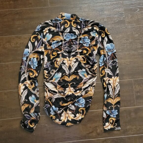 Farm Rio Black Flowerful Garden Jersey Blouse Womens S Mesh Floral Boho Chic - Picture 3 of 8